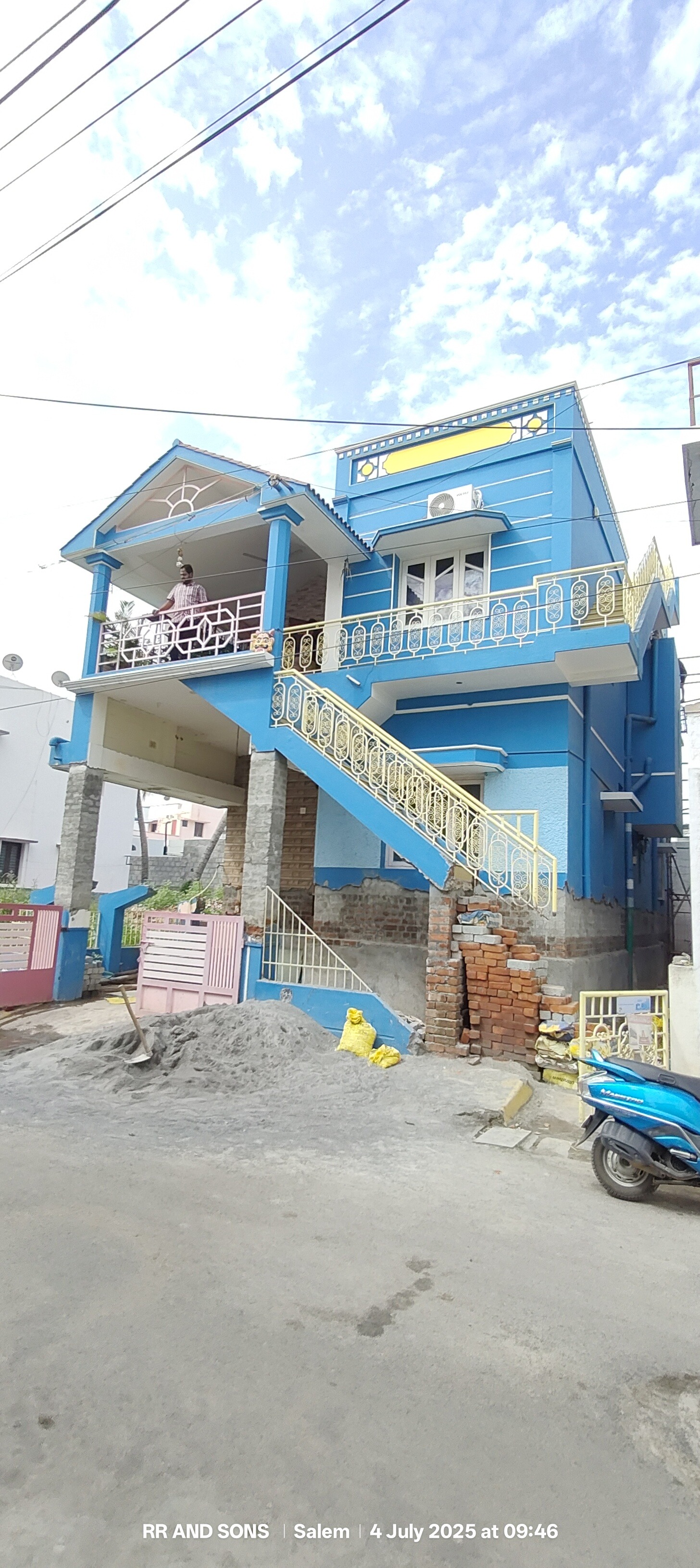 Two-storey residential house lifted on mechanical jacks in Salem, Tamil Nadu (Front Elevation)