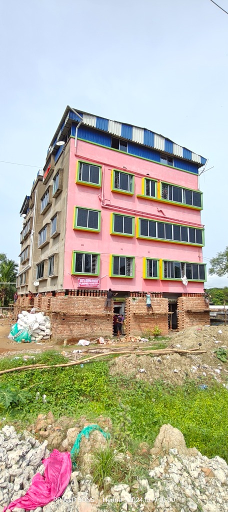 Full vertical elevation perspective of 4-storey commercial building lifted above ground level in Heria, West Bengal